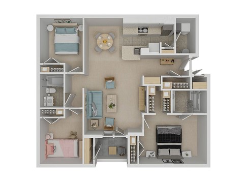 A 3D floor plan of a house showing the layout of the rooms.